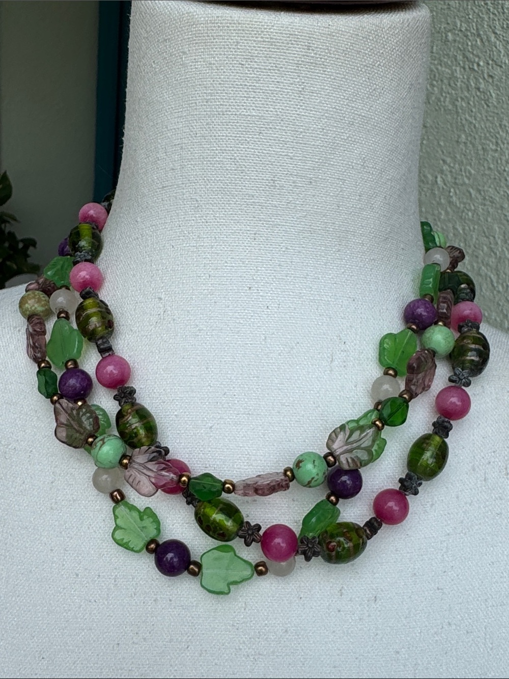 Vintage Multi-Color glass Beaded Leaf Statement Necklace